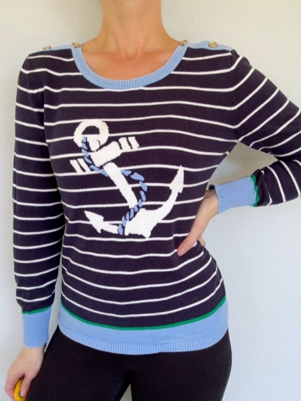 Tommy Hilfiger navy blue white stripe anchor print cotton sweater size medium